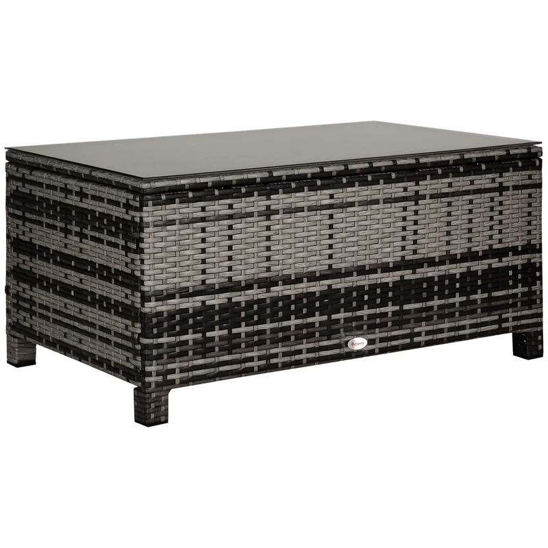 Outsunny Mesa de Jardín de Ratán Sintético Mesita Auxiliar con Vidrio Templado para Terraza Patio Balcón 85x50x39 cm Gris