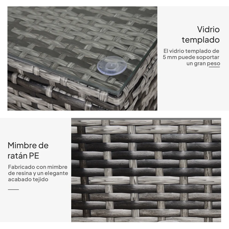 Outsunny Mesa de Jardín de Ratán Sintético Mesita Auxiliar con Vidrio Templado para Terraza Patio Balcón 85x50x39 cm Gris