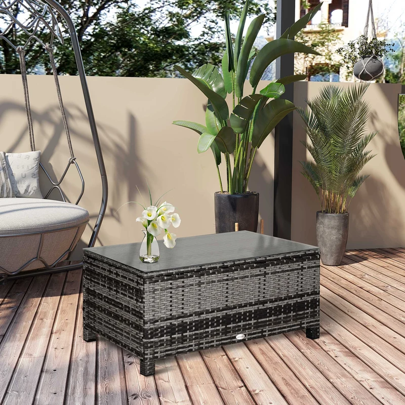 Outsunny Mesa de Jardín de Ratán Sintético Mesita Auxiliar con Vidrio Templado para Terraza Patio Balcón 85x50x39 cm Gris
