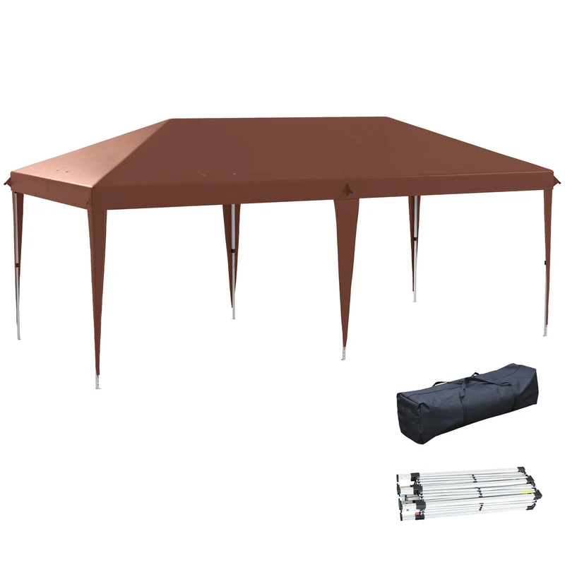 Outsunny Carpa Plegable Gazebo 6x3 m Pop-up, Cenador Plegable con Altura Ajustable en 3 Niveles Toldo Anti-UV y Bolsa de Transporte para Camping Fiestas Café