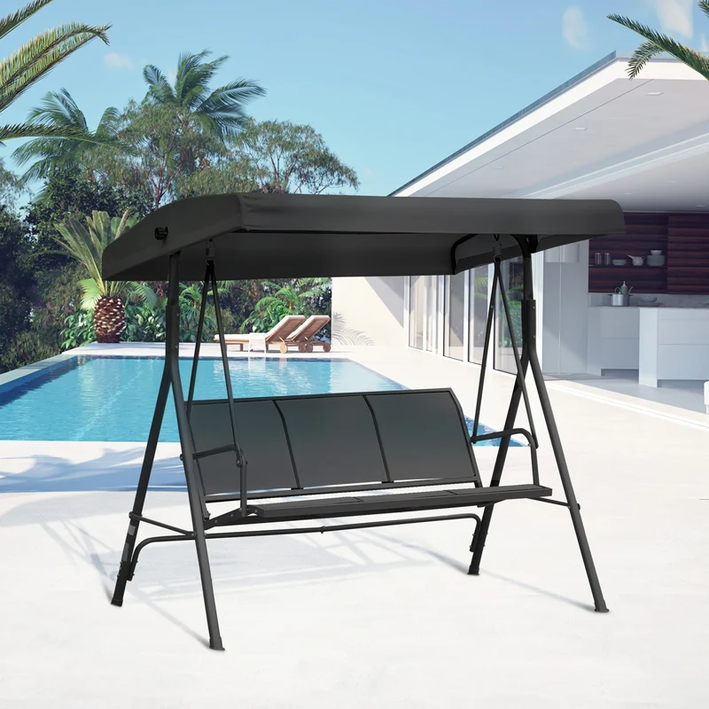 Outsunny Columpio de Jardín Exterior de 3 Plazas con Toldo Reclinable, Balancín de Jardín Exterior con Respaldo Transpirable y Marco de Acero, para Terraza Balcón, 175x118x159 cm, Negro