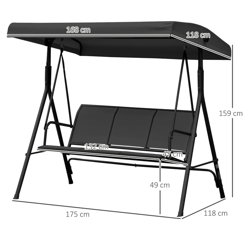 Outsunny Columpio de Jardín Exterior de 3 Plazas con Toldo Reclinable, Balancín de Jardín Exterior con Respaldo Transpirable y Marco de Acero, para Terraza Balcón, 175x118x159 cm, Negro