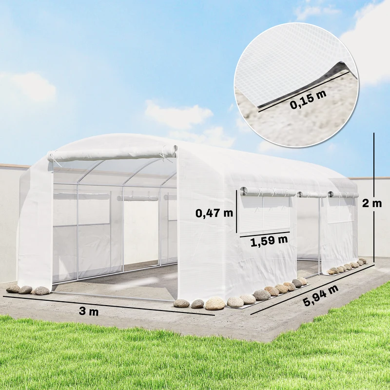 Outsunny Invernadero de Exterior 6x3x2 m, Invernadero de Túnel con 3 Puertas Enrollables, Ventanas de Malla, Cubierta PE 140g/m² Anti-UV y Marco de Acero Galvanizado, para Cultivos, Plantas, Blanco