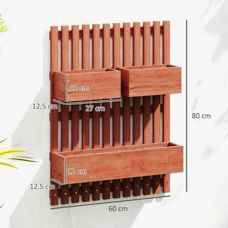 Outsunny Jardinera de Pared con Enrejado, Jardinera Exterior Grande de Madera con 3 Macetas Móviles y Orificio de Drenaje, para Exterior, Jardín, Terraza, Patio, 60x16x80 cm, Marrón