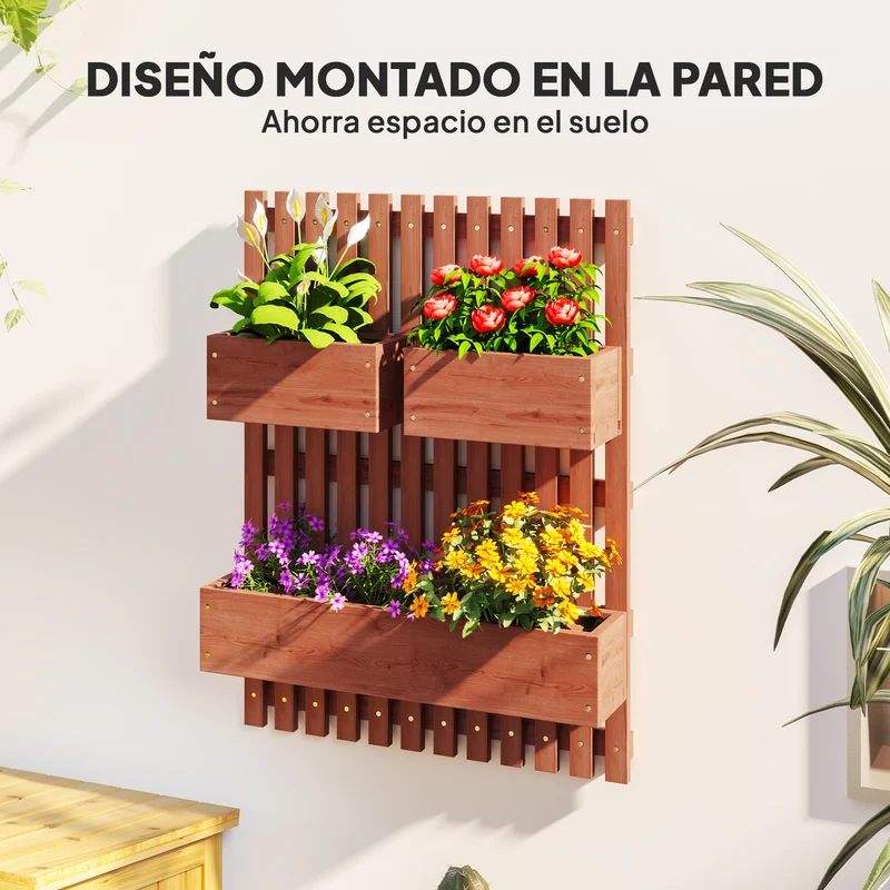 Outsunny Jardinera de Pared con Enrejado, Jardinera Exterior Grande de Madera con 3 Macetas Móviles y Orificio de Drenaje, para Exterior, Jardín, Terraza, Patio, 60x16x80 cm, Marrón