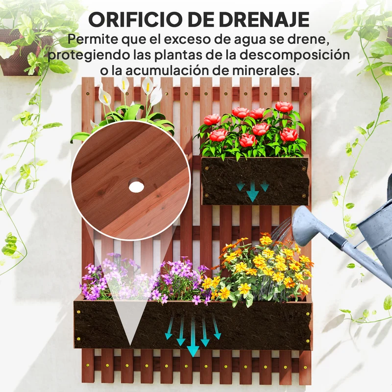 Outsunny Jardinera de Pared con Enrejado, Jardinera Exterior Grande de Madera con 3 Macetas Móviles y Orificio de Drenaje, para Exterior, Jardín, Terraza, Patio, 60x16x80 cm, Marrón