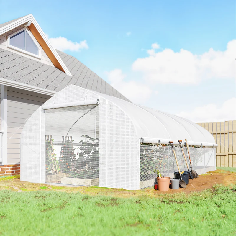 Outsunny Invernadero de Exterior, 6x3x2 m, Invernadero de Túnel con 8 Ventanas, Cubierta de PE, Anti-UV y Puerta Enrollable con Cremallera, Paredes Laterales con Malla, para Cultivos, Plantas, Blanco