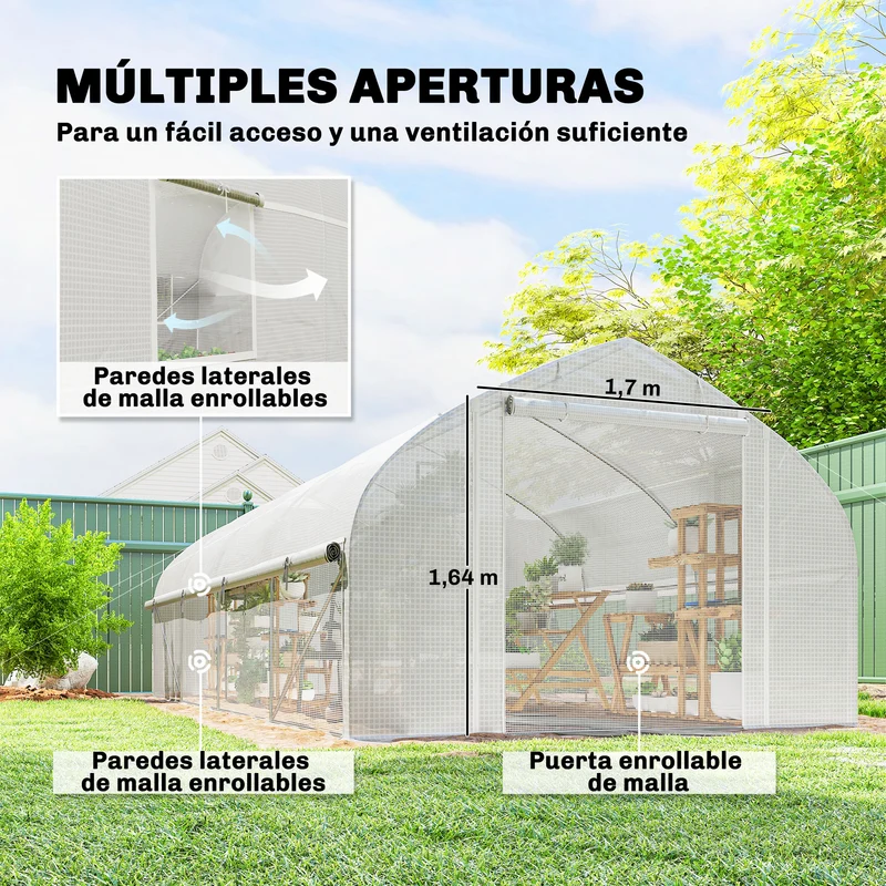 Outsunny Invernadero de Exterior, 6x3x2 m, Invernadero de Túnel con 8 Ventanas, Cubierta de PE, Anti-UV y Puerta Enrollable con Cremallera, Paredes Laterales con Malla, para Cultivos, Plantas, Blanco