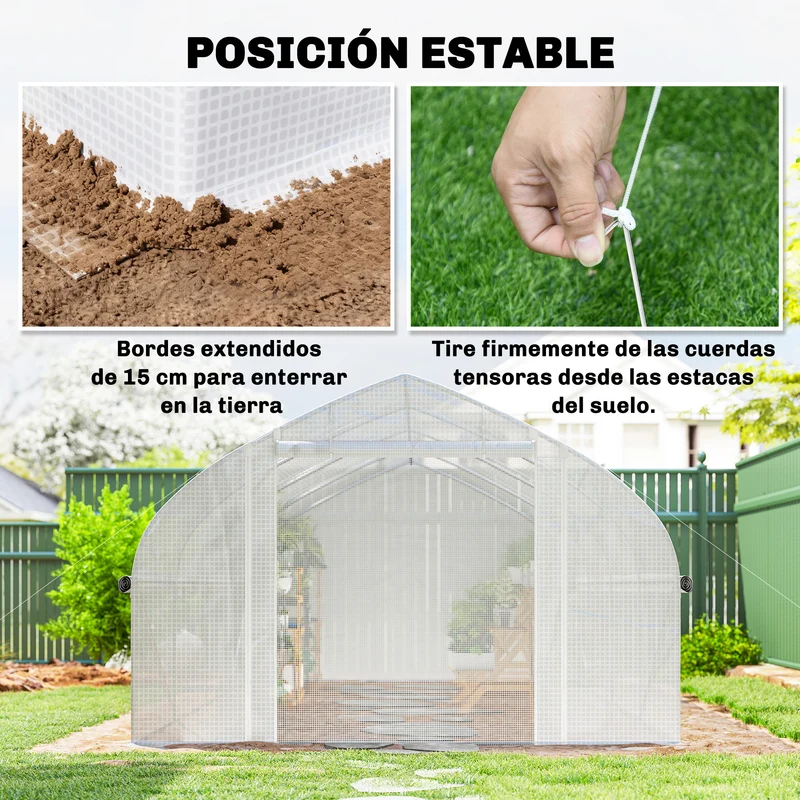 Outsunny Invernadero de Exterior, 6x3x2 m, Invernadero de Túnel con 8 Ventanas, Cubierta de PE, Anti-UV y Puerta Enrollable con Cremallera, Paredes Laterales con Malla, para Cultivos, Plantas, Blanco