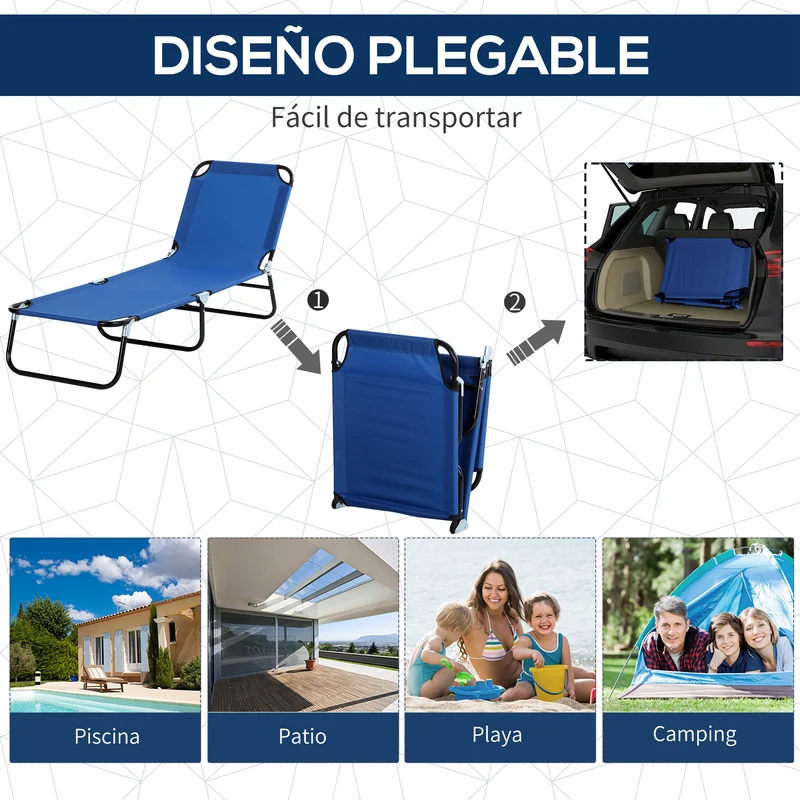 Outsunny Tumbona Plegable Tumbona de Jardín Exterior Reclinable con Toldo Desmontable con Ángulo Regulable Respaldo Ajustable en 4 Niveles para Terraza Piscina Patio 187x58x36 cm Azul