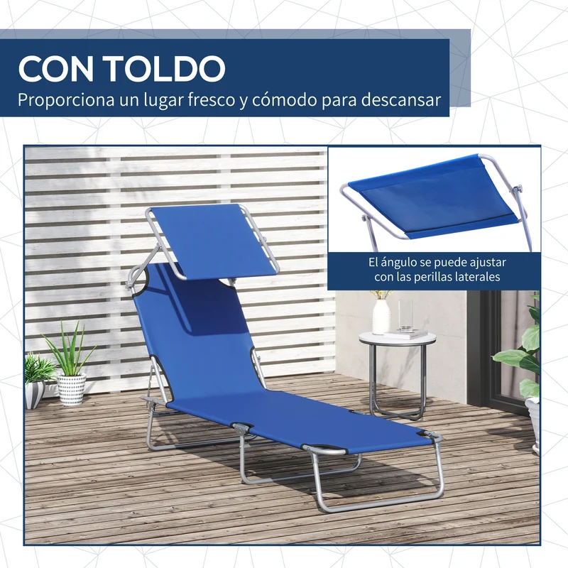 Outsunny Tumbona Plegable Tumbona de Jardín Exterior Reclinable con Toldo Desmontable con Ángulo Regulable Respaldo Ajustable en 4 Niveles para Terraza Piscina Patio 187x58x36 cm Azul