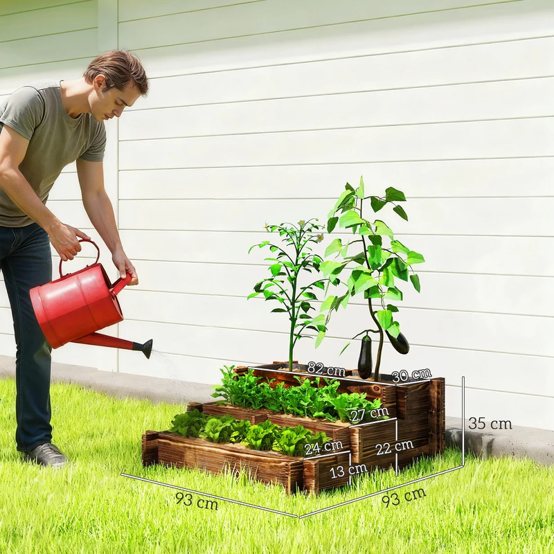 Outsunny Jardinera de Madera Arriate de Jardín de 3 Niveles con Diseño de Escalera y Tela no Tejida Huerto Urbano para Cultivos Plantas Flores para Terraza Jardín 93x93x35 cm Carbonizado