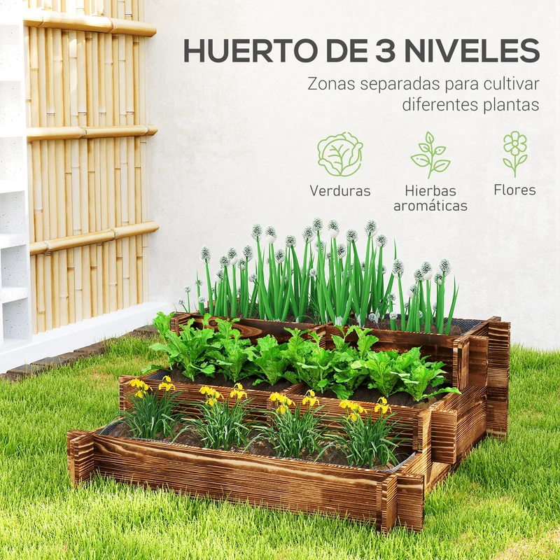 Outsunny Jardinera de Madera Arriate de Jardín de 3 Niveles con Diseño de Escalera y Tela no Tejida Huerto Urbano para Cultivos Plantas Flores para Terraza Jardín 93x93x35 cm Carbonizado