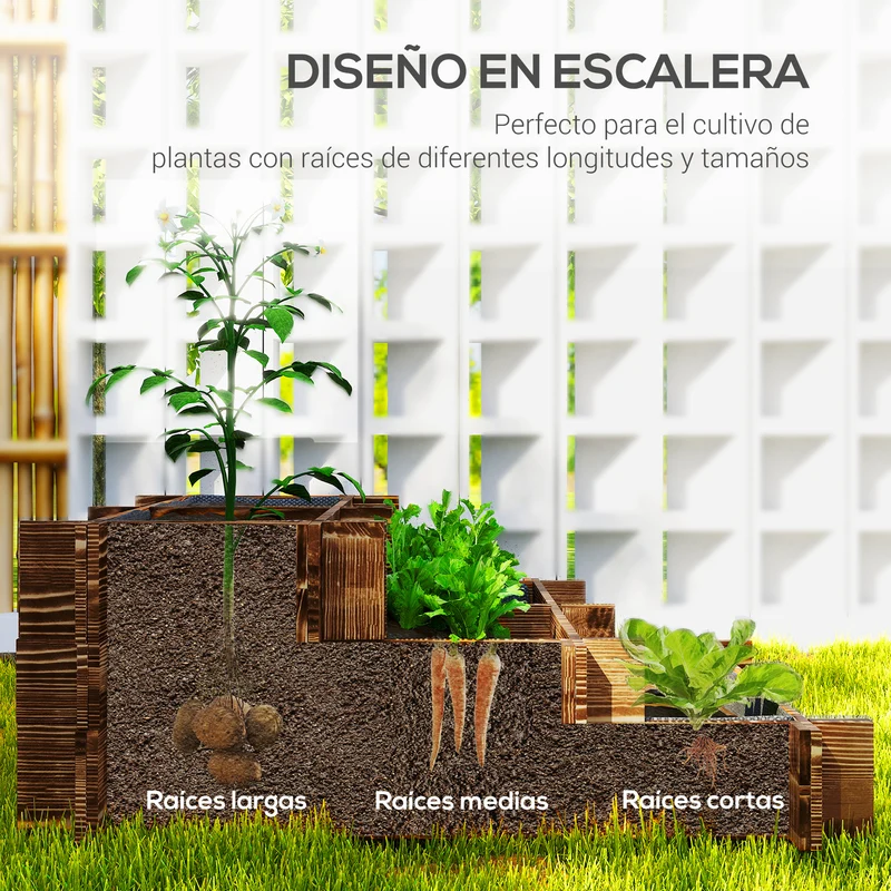 Outsunny Jardinera de Madera Arriate de Jardín de 3 Niveles con Diseño de Escalera y Tela no Tejida Huerto Urbano para Cultivos Plantas Flores para Terraza Jardín 93x93x35 cm Carbonizado