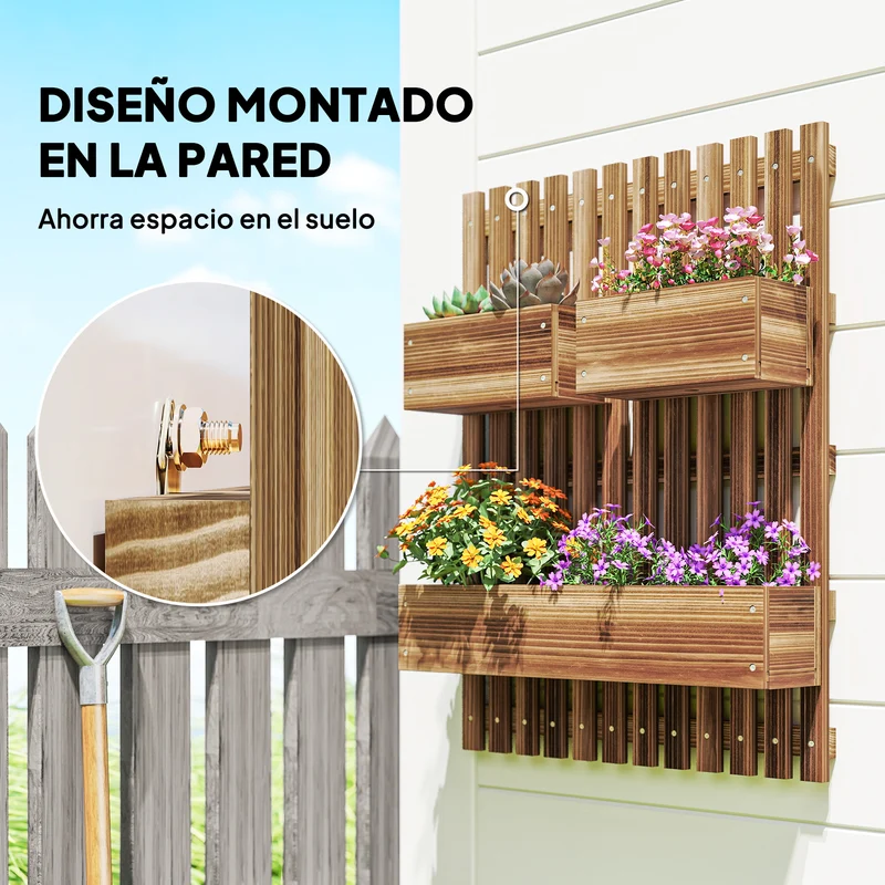 Outsunny Jardinera de Pared con Enrejado, Jardinera Exterior Grande de Madera con 3 Macetas Móviles y Orificio de Drenaje, para Exterior, Jardín, Terraza, Patio, 60x16x80 cm, Carbonizado