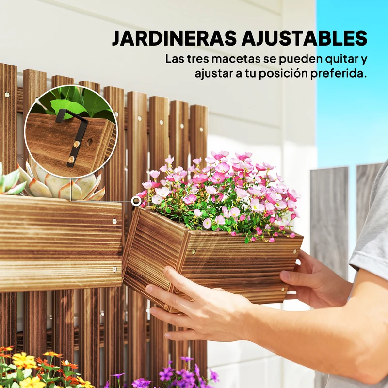 Outsunny Jardinera de Pared con Enrejado, Jardinera Exterior Grande de Madera con 3 Macetas Móviles y Orificio de Drenaje, para Exterior, Jardín, Terraza, Patio, 60x16x80 cm, Carbonizado