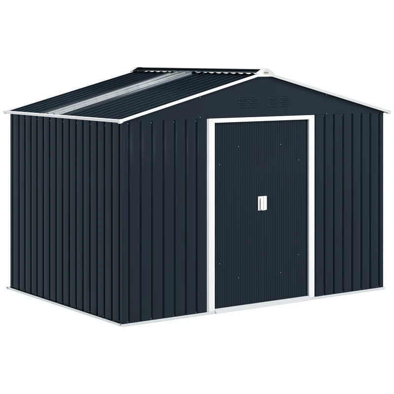 Outsunny Caseta de Jardín Exterior, 4,9 m², 277x195x192 cm, Cobertizo de Jardín Exterior Metálico con Claraboya de Fibra de Vidrio, Puerta Corredera, Ventilación y Kit de Fundación, Gris Oscuro
