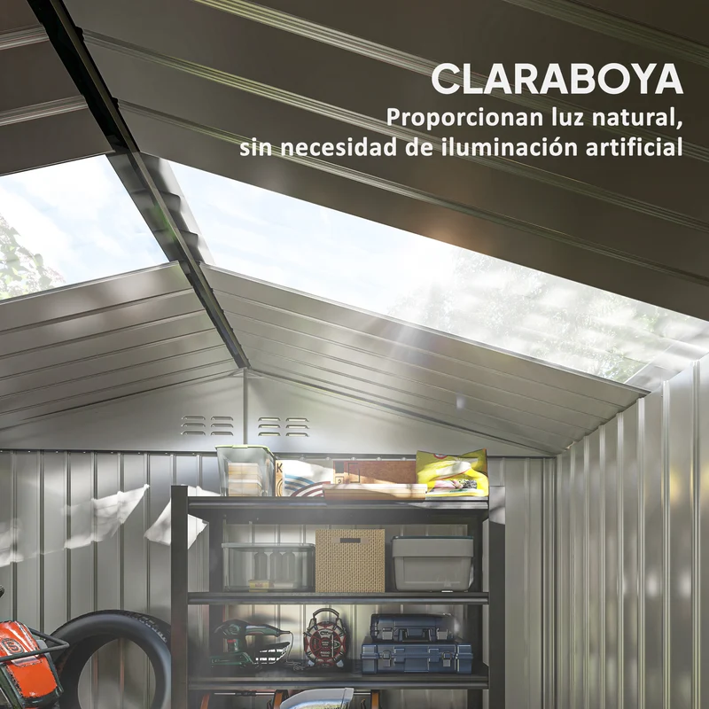 Outsunny Caseta de Jardín Exterior, 4,9 m², 277x195x192 cm, Cobertizo de Jardín Exterior Metálico con Claraboya de Fibra de Vidrio, Puerta Corredera, Ventilación y Kit de Fundación, Gris Oscuro