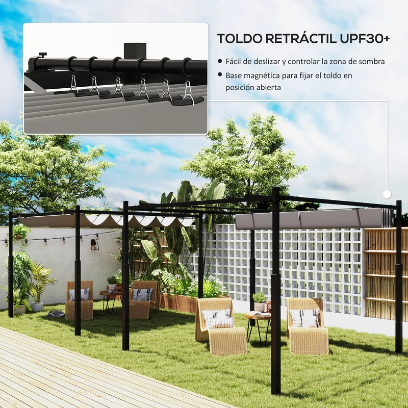 Outsunny Pérgola de Jardín 3x3 m con Techo Retráctil y Accesorio Magnético, Cenador de Jardín con Protección UV30+, Columnas Metálicas y Ganchos, Pabellón para Patio, Terraza, Exterior, Gris