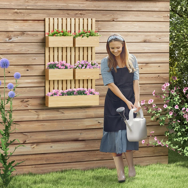 Outsunny Jardinera de Pared con Enrejado, Jardinera Exterior Grande de Madera con 5 Macetas Móviles, Tela no tejida y Orificios de Drenaje, para Exterior, Jardín, Terraza, Patio, 60x16x100 cm, Natural