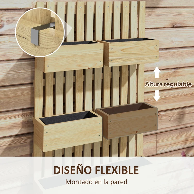 Outsunny Jardinera de Pared con Enrejado, Jardinera Exterior Grande de Madera con 5 Macetas Móviles, Tela no tejida y Orificios de Drenaje, para Exterior, Jardín, Terraza, Patio, 60x16x100 cm, Natural