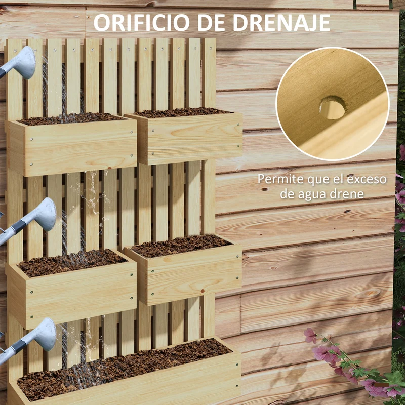 Outsunny Jardinera de Pared con Enrejado, Jardinera Exterior Grande de Madera con 5 Macetas Móviles, Tela no tejida y Orificios de Drenaje, para Exterior, Jardín, Terraza, Patio, 60x16x100 cm, Natural