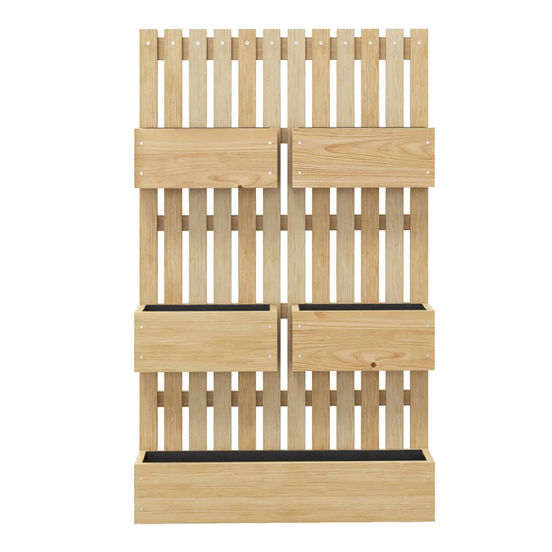 Outsunny Jardinera de Pared con Enrejado, Jardinera Exterior Grande de Madera con 5 Macetas Móviles, Tela no tejida y Orificios de Drenaje, para Exterior, Jardín, Terraza, Patio, 60x16x100 cm, Natural