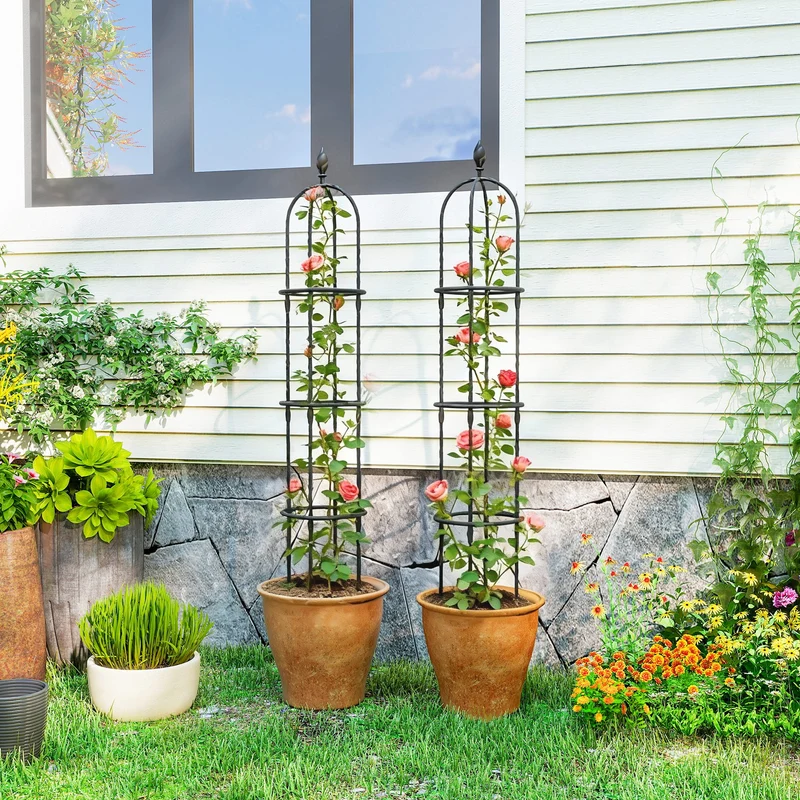 Outsunny Juego de 2 Obeliscos de Jardín de Acero, 1,74 m, Enrejados para Plantas Trepadoras, Rosas, Frutas, Verduras, Soportes Decorativos para Exterior, Patio, Terraza, Negro