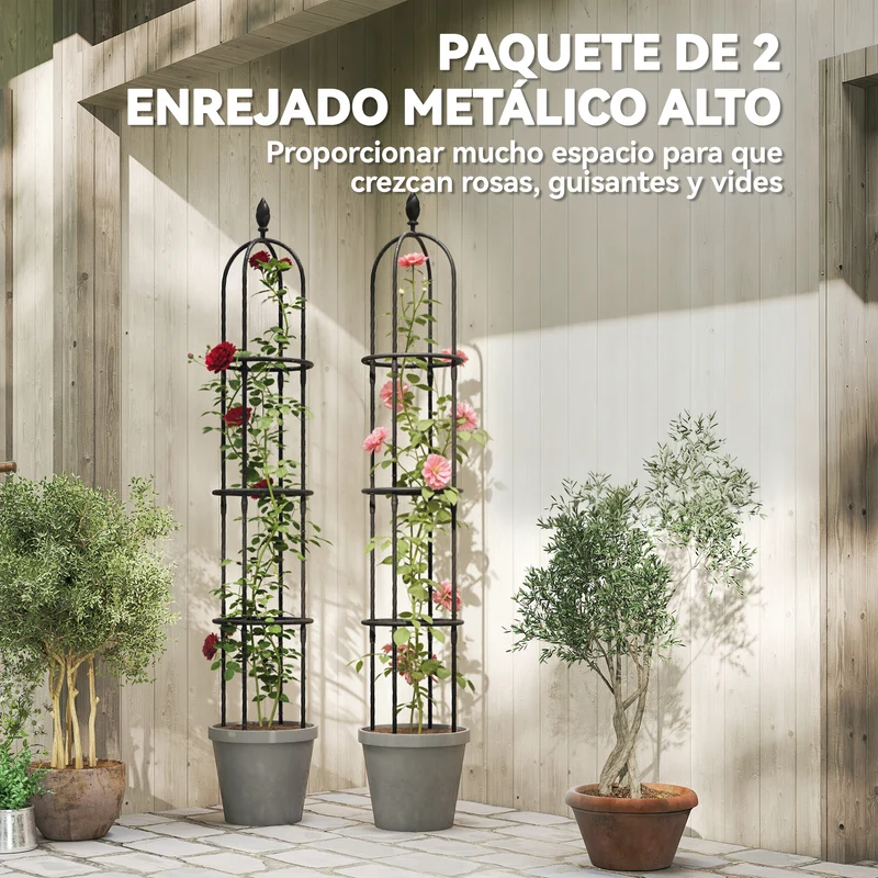 Outsunny Juego de 2 Obeliscos de Jardín de Acero, 1,74 m, Enrejados para Plantas Trepadoras, Rosas, Frutas, Verduras, Soportes Decorativos para Exterior, Patio, Terraza, Negro