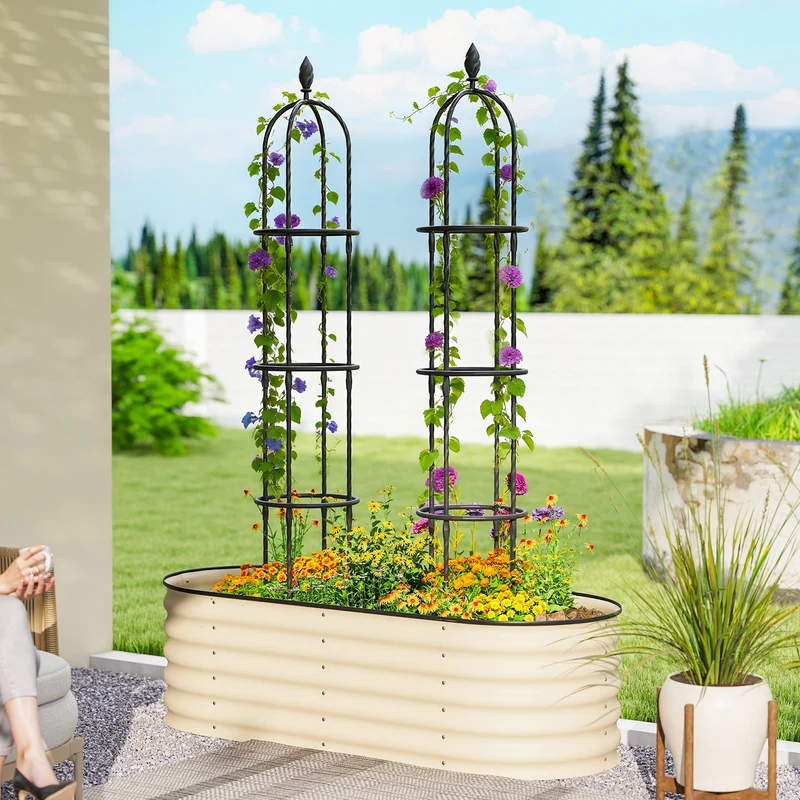 Outsunny Juego de 2 Obeliscos de Jardín de Acero, 1,74 m, Enrejados para Plantas Trepadoras, Rosas, Frutas, Verduras, Soportes Decorativos para Exterior, Patio, Terraza, Negro