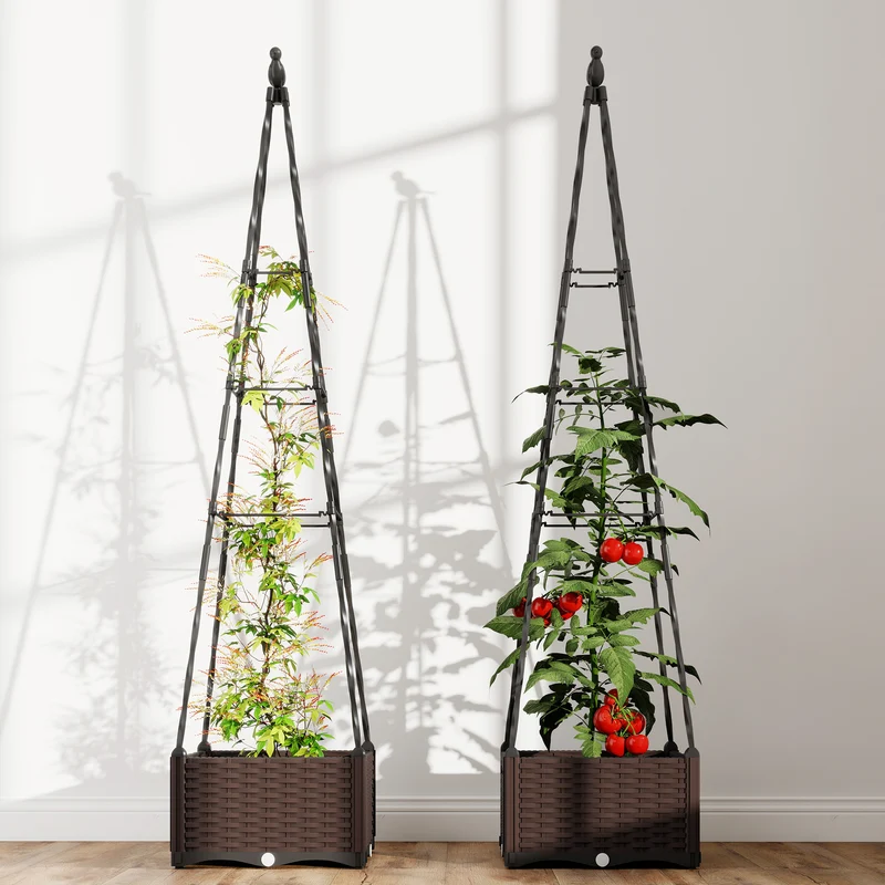 Outsunny Jardinera con Enrejado Metálico, Jardinera Exterior para Plantas Trepadoras, Maceta de PP con Orificios de Drenaje y Tapones, Macetero Elevado para Jardín, Patio, 40x40x175 cm, Negro