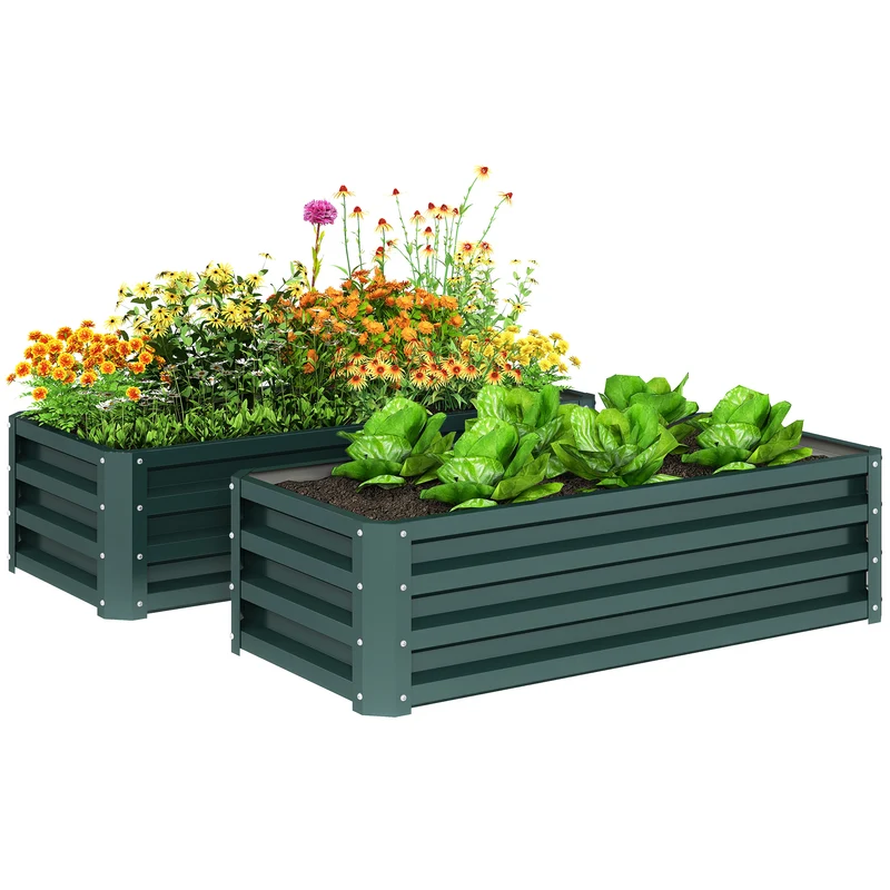 Outsunny Juego de 2 Jardineras Exterior Grandes de Acero Galvanizado, Huertos Urbanos, Maceteros Exterior Elevados para Plantas, Flores, Terraza, Jardín, Resistente a la Intemperie, 110x50x30 cm Verde