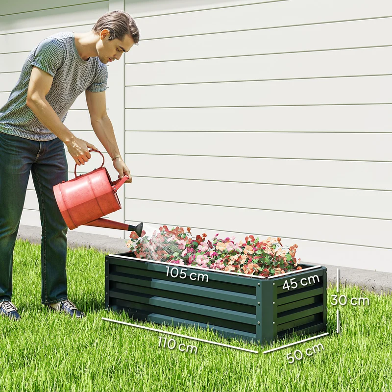 Outsunny Juego de 2 Jardineras Exterior Grandes de Acero Galvanizado, Huertos Urbanos, Maceteros Exterior Elevados para Plantas, Flores, Terraza, Jardín, Resistente a la Intemperie, 110x50x30 cm Verde