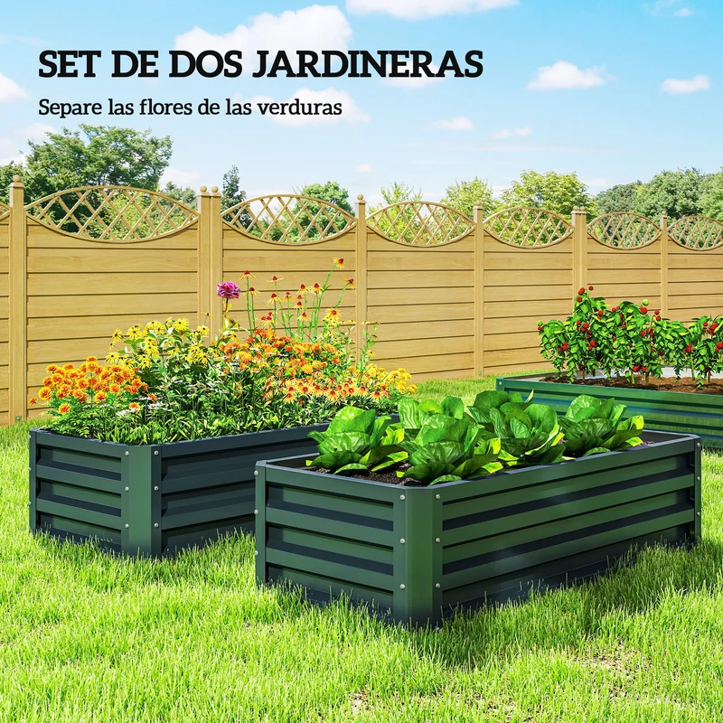 Outsunny Juego de 2 Jardineras Exterior Grandes de Acero Galvanizado, Huertos Urbanos, Maceteros Exterior Elevados para Plantas, Flores, Terraza, Jardín, Resistente a la Intemperie, 110x50x30 cm Verde
