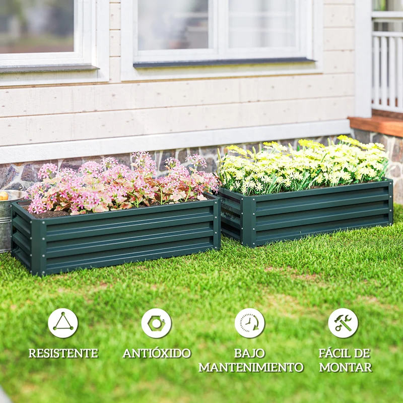 Outsunny Juego de 2 Jardineras Exterior Grandes de Acero Galvanizado, Huertos Urbanos, Maceteros Exterior Elevados para Plantas, Flores, Terraza, Jardín, Resistente a la Intemperie, 110x50x30 cm Verde