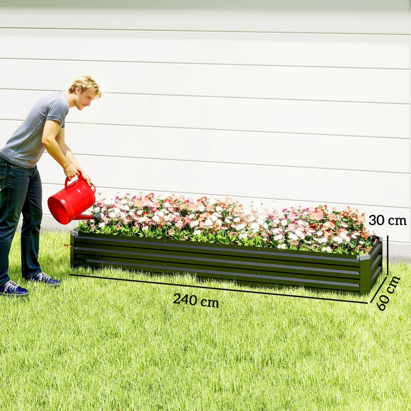 Outsunny Jardinera Exterior Grande Rectangular de Acero Galvanizado, Huerto Urbano para Cultivar Plantas Hierba, Macetero Grande Exterior con Base Abierta Resistente a la Intemperie 240x60x30 cm Gris