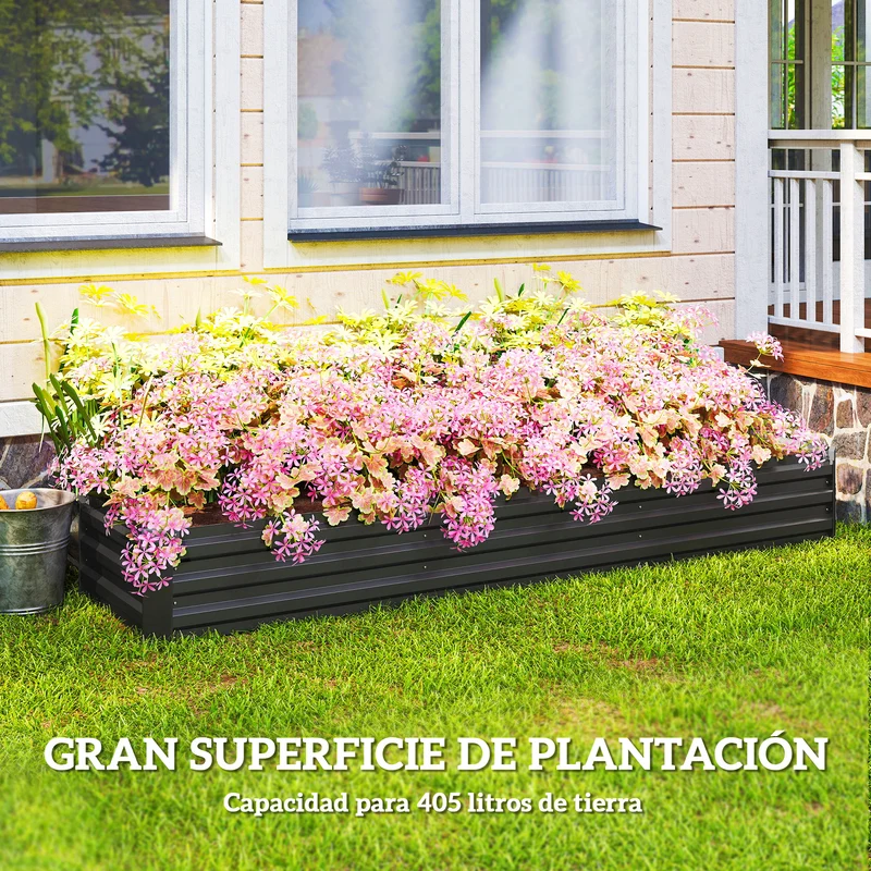 Outsunny Jardinera Exterior Grande Rectangular de Acero Galvanizado, Huerto Urbano para Cultivar Plantas Hierba, Macetero Grande Exterior con Base Abierta Resistente a la Intemperie 240x60x30 cm Gris