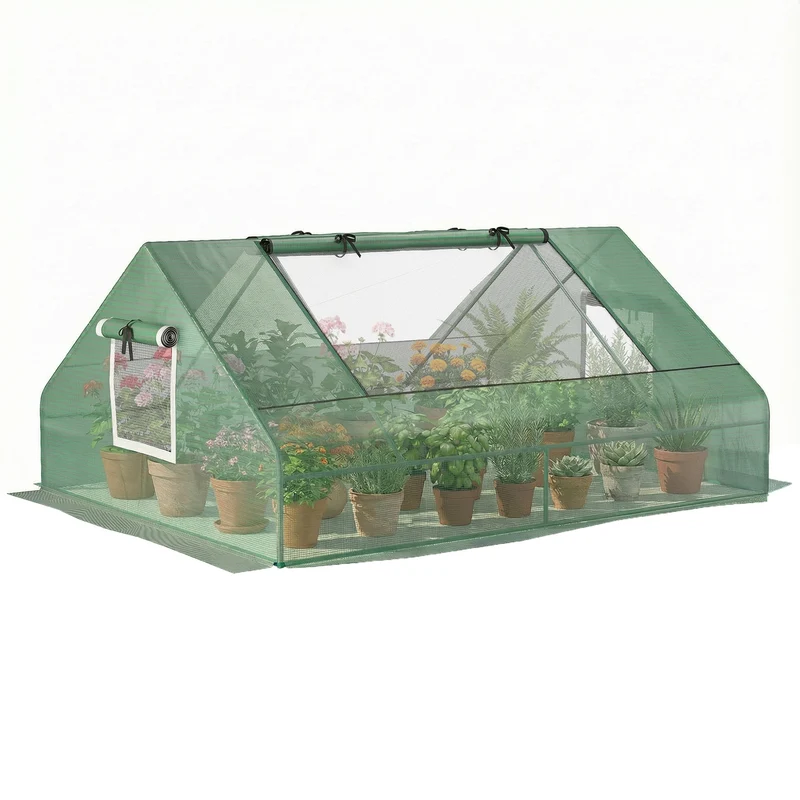 Outsunny Invernadero de Exterior, 180x140x80 cm, Invernadero Pequeño con 4 Ventanas Enrollables de Malla, Marco de Acero y Cubierta PE 140g/㎡ Anti-UV para Jardin, Cultivos, Plantas, Verde
