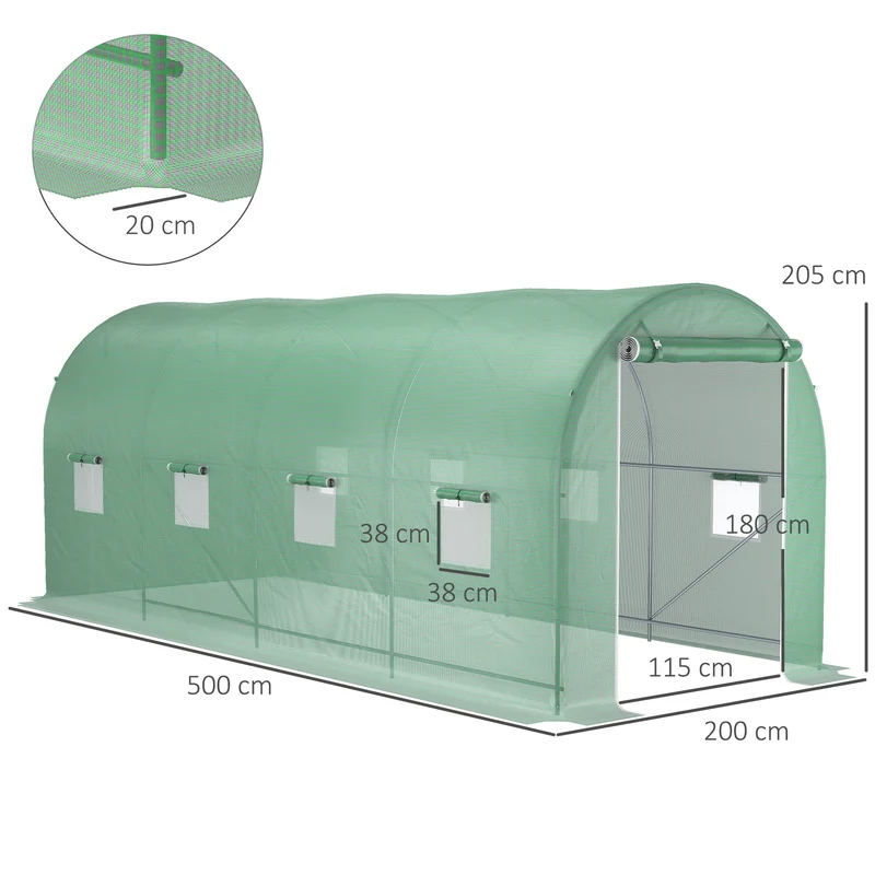 Outsunny Invernadero De Túnel 500x200x205 Cm Con Puerta Enrollable Y 8 Ventanas