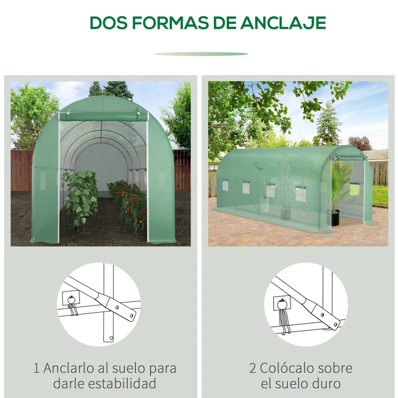 Outsunny Invernadero De Túnel 500x200x205 Cm Con Puerta Enrollable Y 8 Ventanas