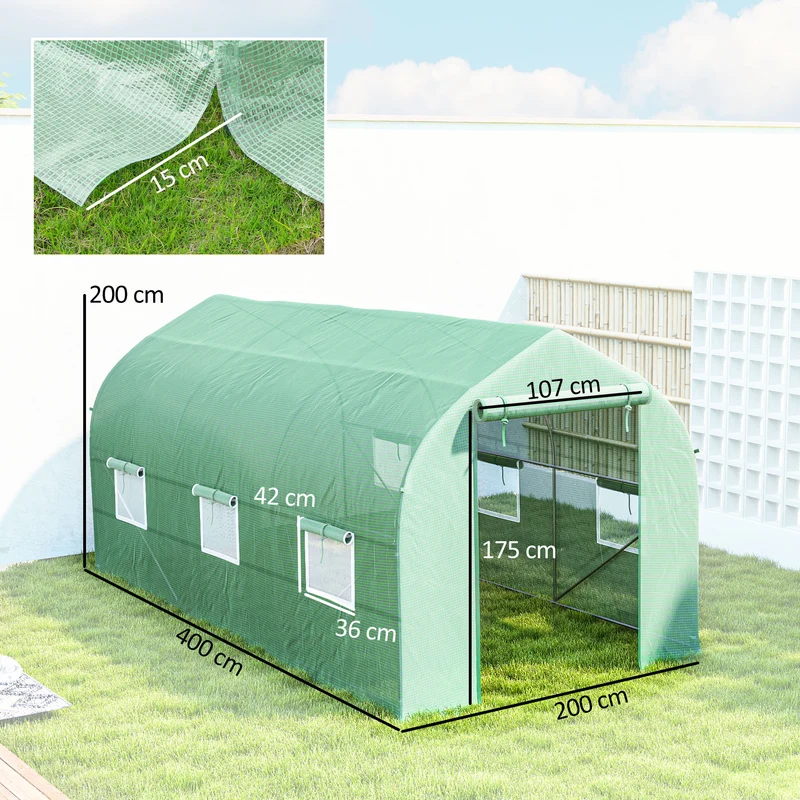 Homcom Invernadero De Túnel Jardín 4x2x2 M Con 6 Ventanas Y Puerta Verde