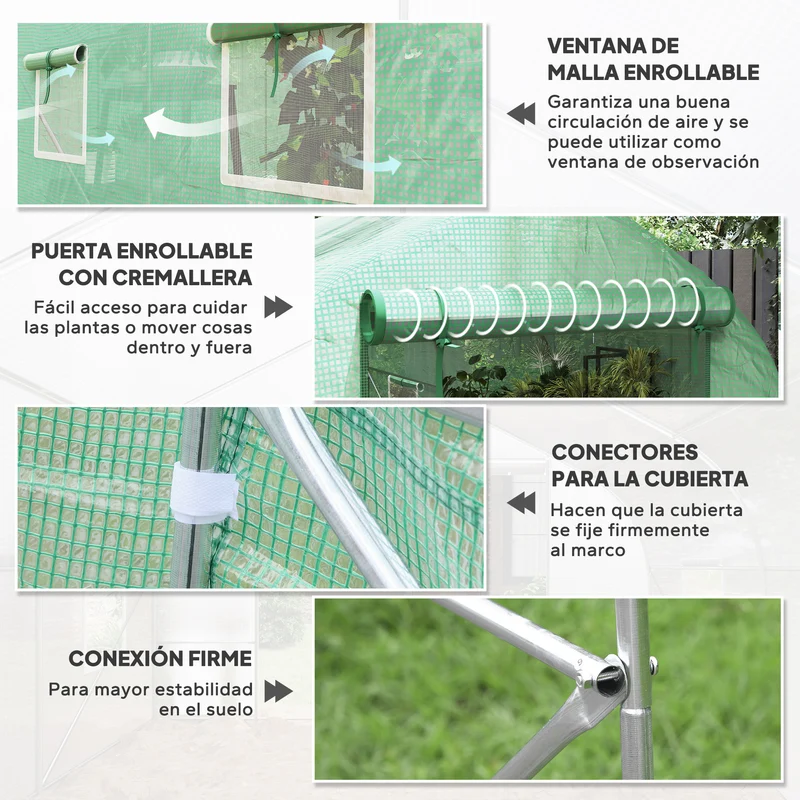 Homcom Invernadero De Túnel Jardín 4x2x2 M Con 6 Ventanas Y Puerta Verde