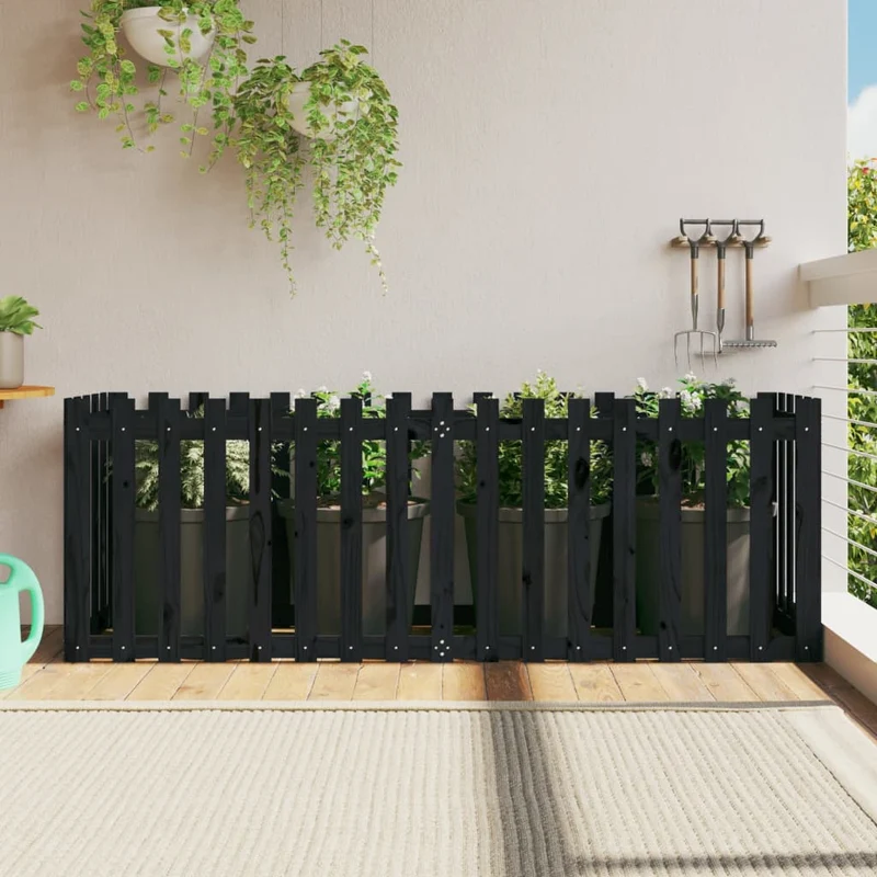 Arriate Elevado Jardín Con Valla Madera Pino Negro 200x50x70cm