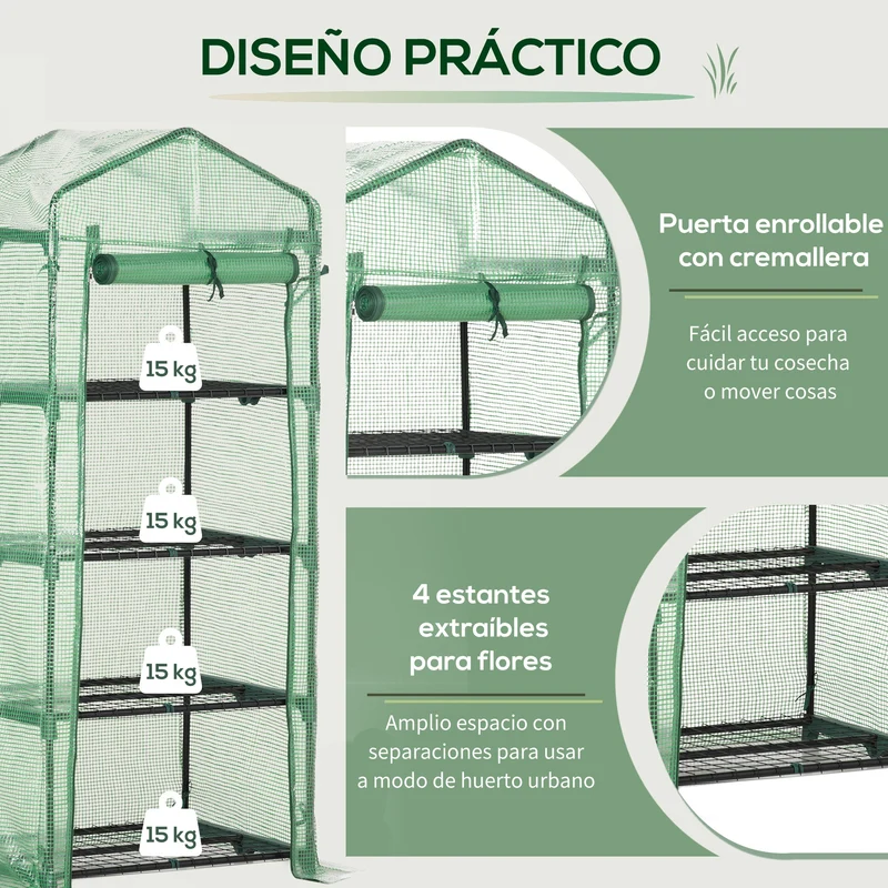 Outsunny Invernadero Jardín Con 4 Estantes Cubierta De Pe Cultivo Plantas Verde