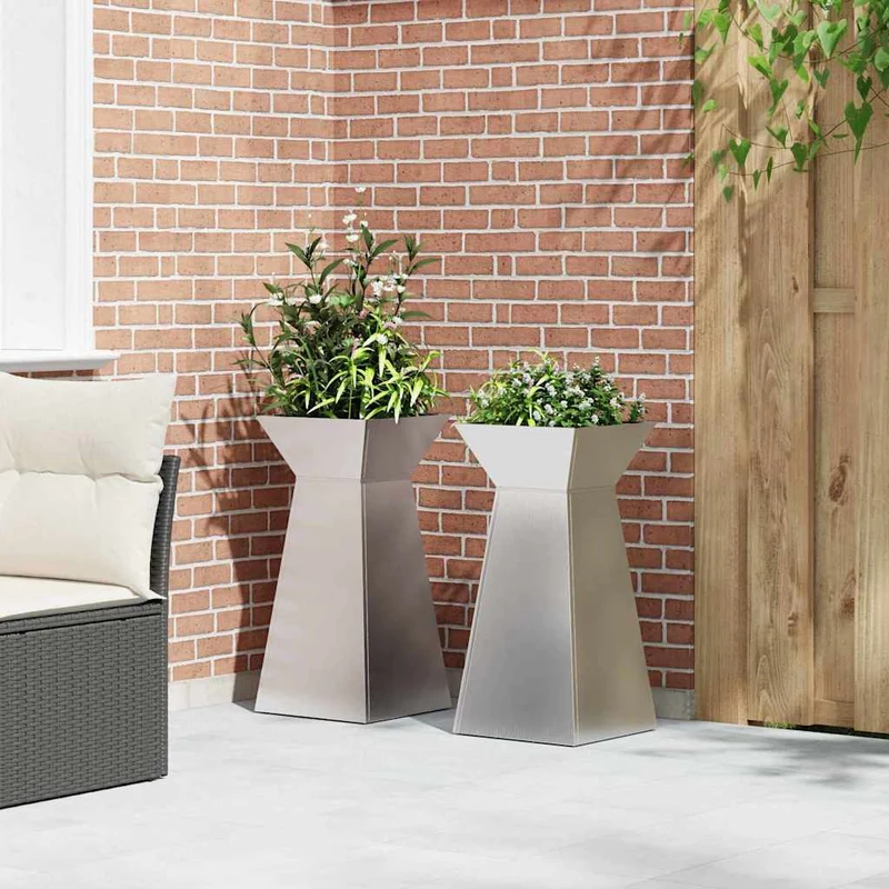 Maceta Pilar 2 Uds. Plateado 35 X 35 X 73 Cm Acero Inoxidable