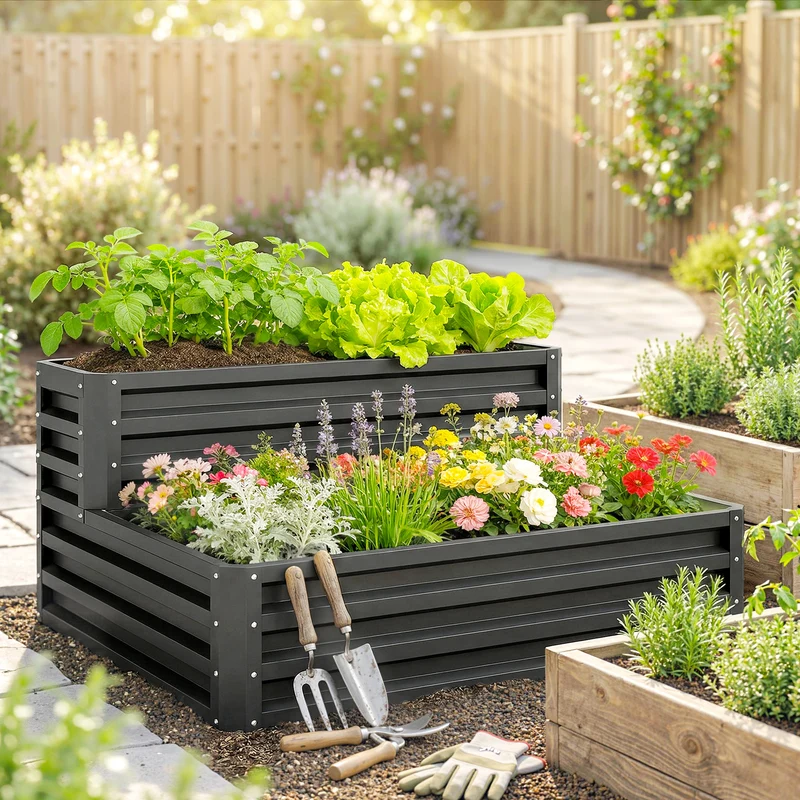 Outsunny Huerto Urbano De 2 Niveles Diseño De Escalera 120x101x58 Cm Gris Oscuro