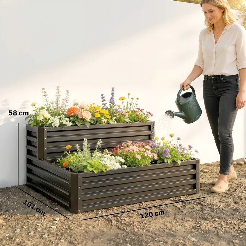 Outsunny Huerto Urbano De 2 Niveles Diseño De Escalera 120x101x58 Cm Gris Oscuro