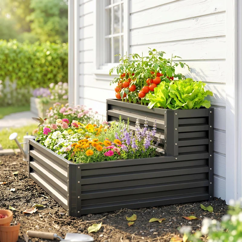 Outsunny Huerto Urbano De 2 Niveles Diseño De Escalera 120x101x58 Cm Gris Oscuro