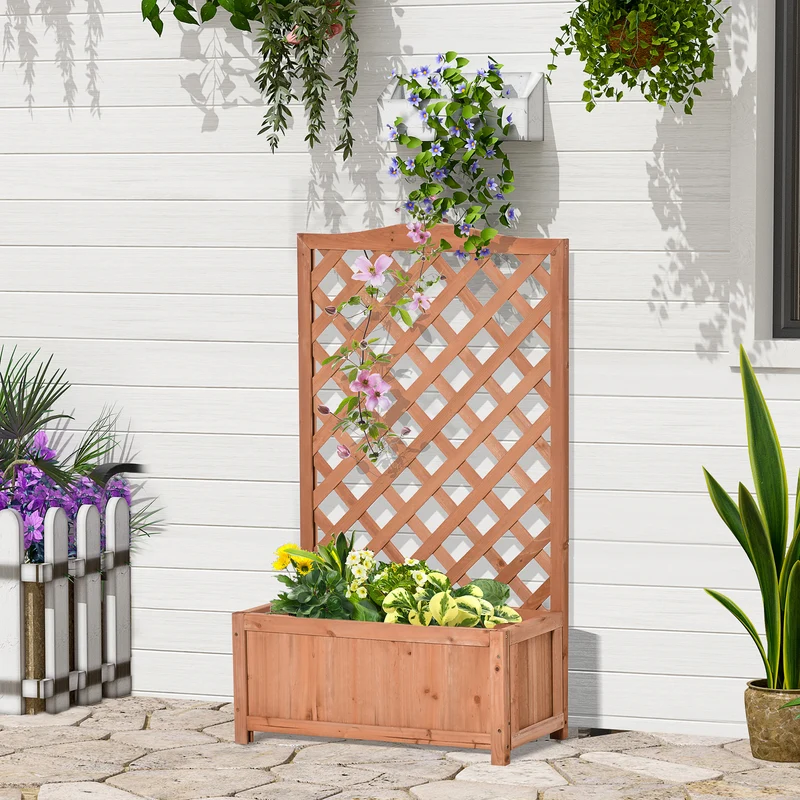 Outsunny Jardinera Con Enrejado Madera Arriate Para Trepadora 70x28x117cm Marrón