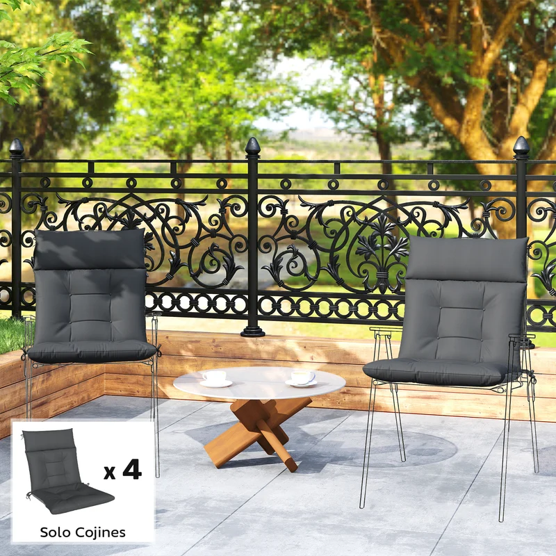 Outsunny Set de 4 Cojines para Sillas, Cojines para Jardín, Colchones de Banco con Respaldo, Correas, Impermeables y Antideslizantes, para Interior y Exterior 112x53x8 cm, Gris Oscuro